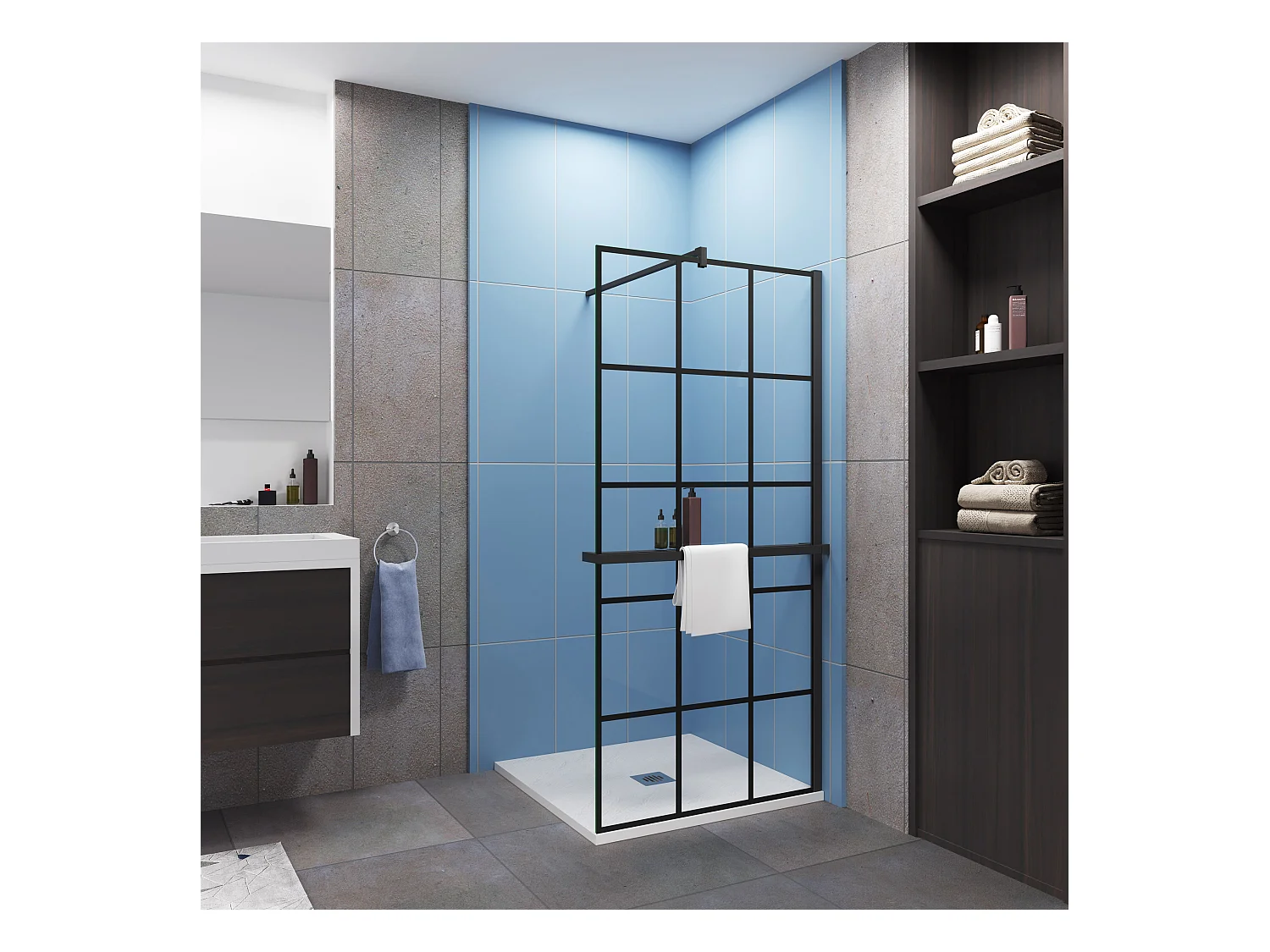 Paroi de douche à l'italienne noir mat 140x200cm + Étagère de Douche 140cm en alu - 8mm Verre anticalcaire avec barre de fixation noir mat 140cm