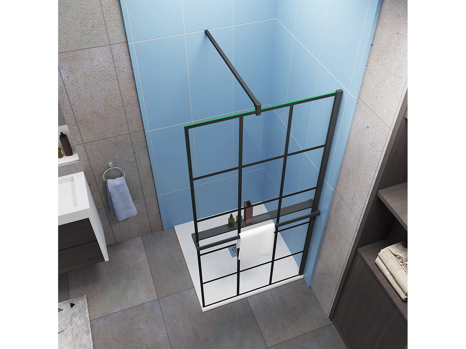 Paroi de douche à l'italienne noir mat 140x200cm + Étagère de Douche 140cm en alu - 8mm Verre anticalcaire avec barre de fixation noir mat 140cm