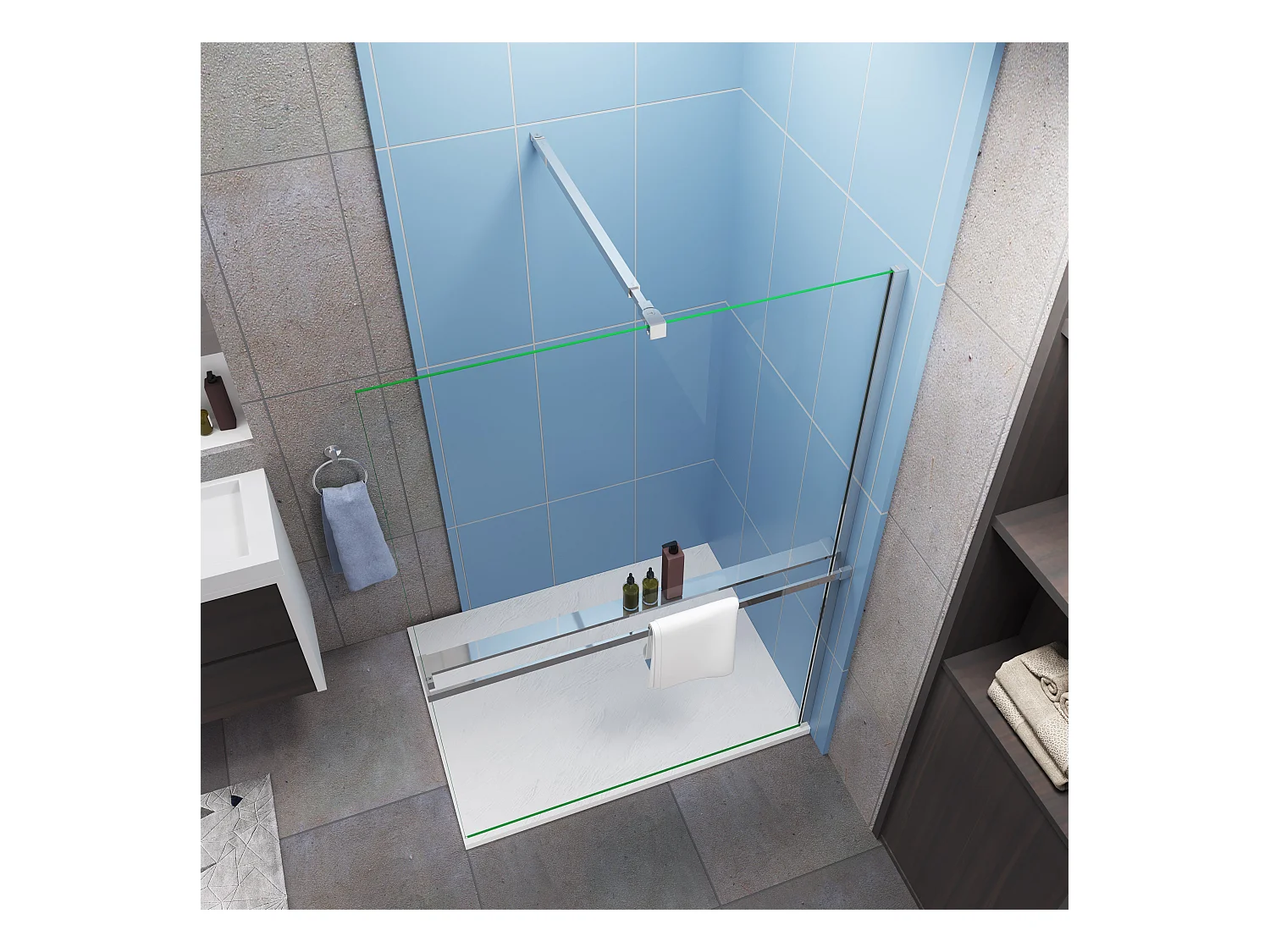 Paroi de douche à l'italienne Chrome 120x200cm - 8mm verre anticalcaire + Barre d'extensible 73-120cm + Étagère de Douche 120cm en alu