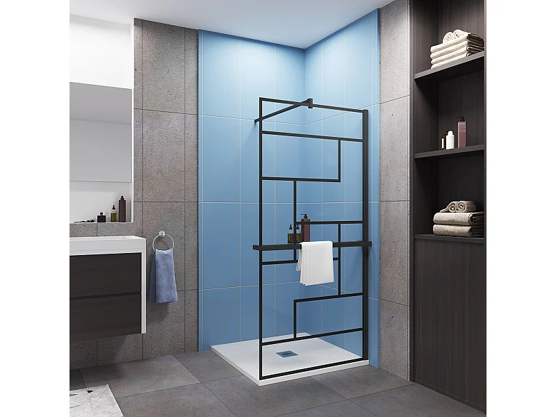 Paroi de douche fixe Noir 100 x 200cm - 8mm verre anticalcaire + Étagère de Douche 100cm + barre de fixation 140cm avec pince