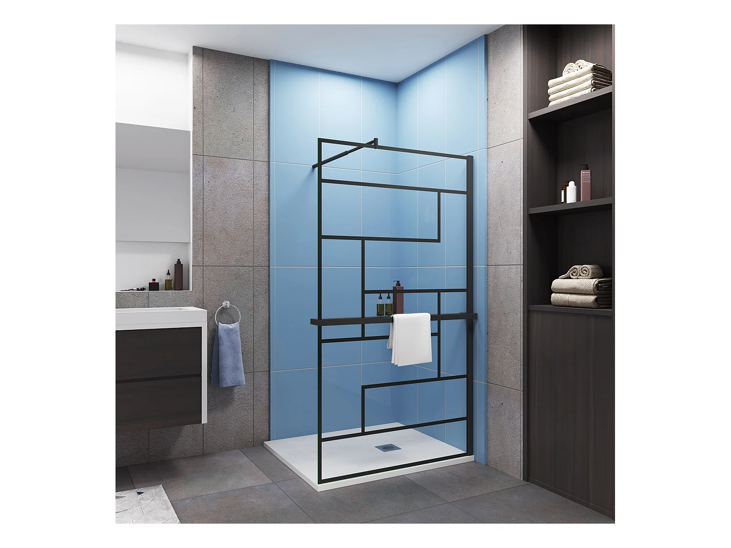 120x200cm 8mm ESG Stützstange Handtuchhalter schwarz Walk in Dusche