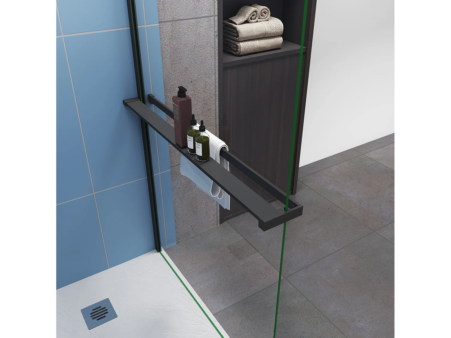 100x200cm 8mm NANO glas Schwarz Handtuchhalter Stützstange Walk in Dusche