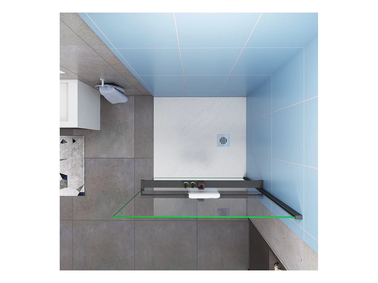 140x200cm 8mm NANO glas Schwarz Handtuchhalter Stützstange Walk in Dusche