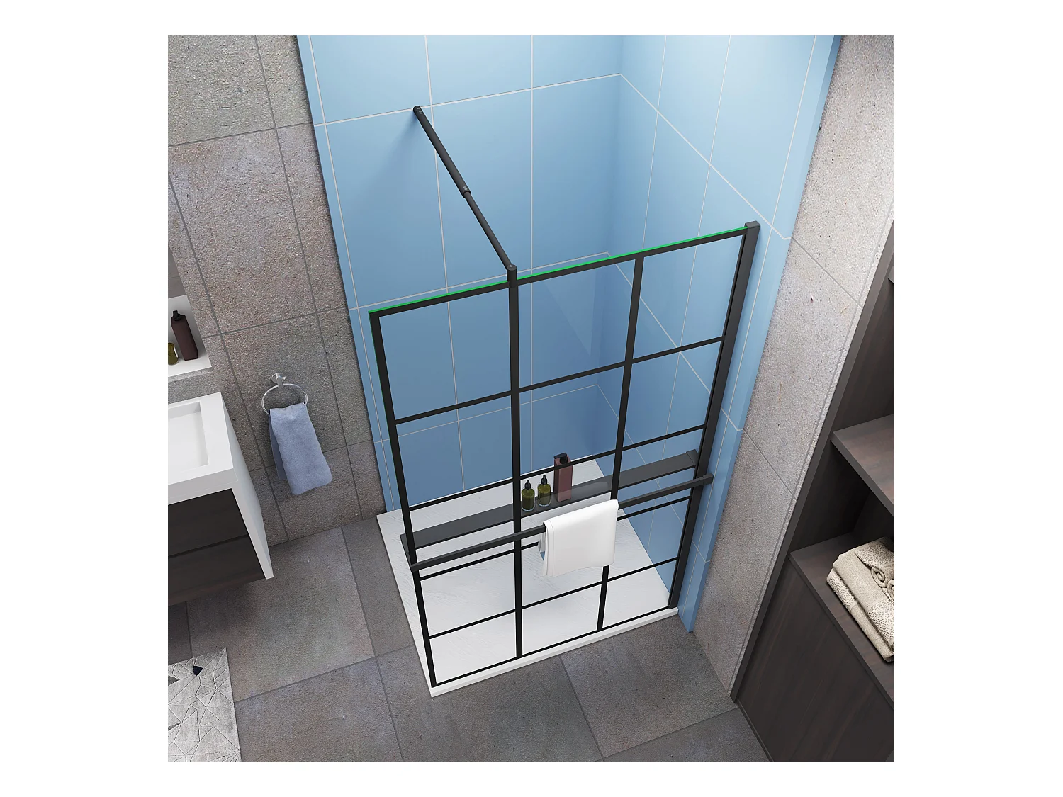 120x200cm 8mm NANO glas Schwarz Handtuchhalter Stützstange Walk in Dusche