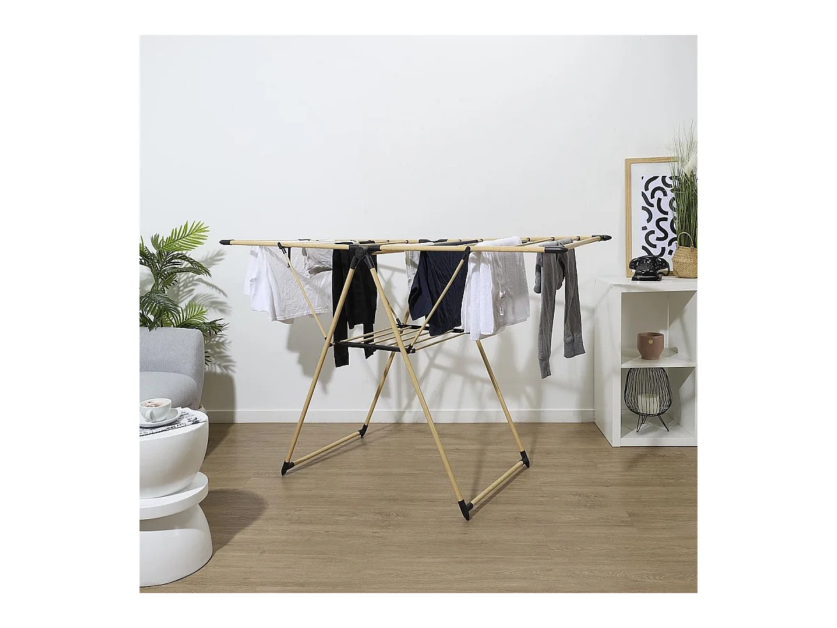 Etendoir à linge pliable 13 mètres étendage tubes métallique effet bois