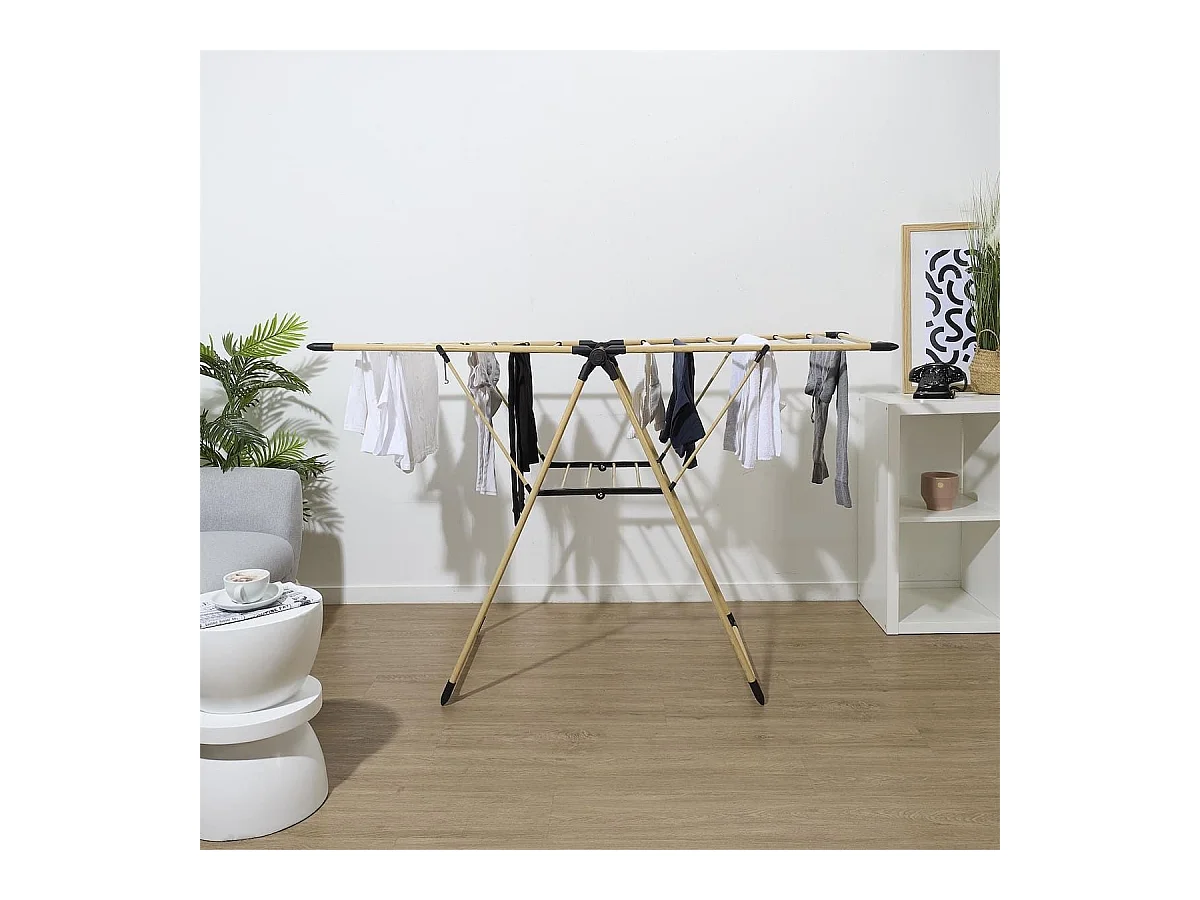 Etendoir à linge pliable 13 mètres étendage tubes métallique effet bois