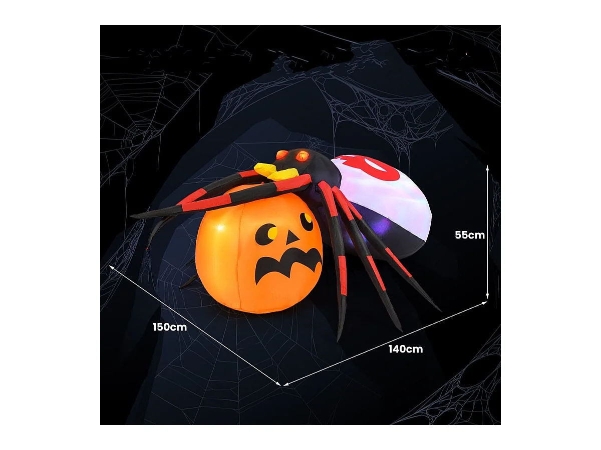 Ragno gonfiabile con zucca da 150x140cm, Decorazione di halloween illuminata con led e luce rotante colorata