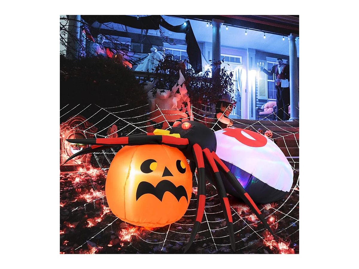 Ragno gonfiabile con zucca da 150x140cm, Decorazione di halloween illuminata con led e luce rotante colorata