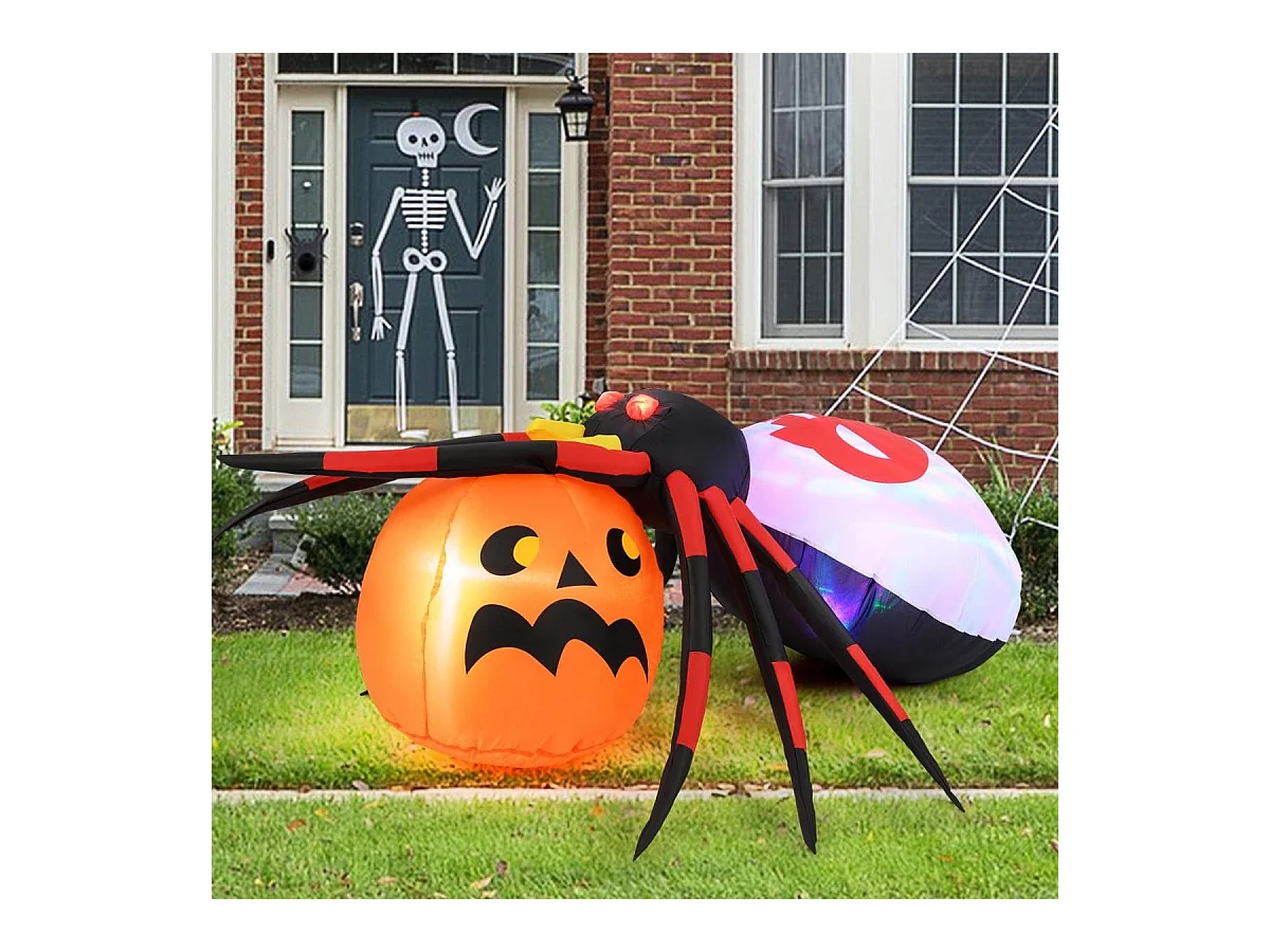 Ragno gonfiabile con zucca da 150x140cm, Decorazione di halloween illuminata con led e luce rotante colorata