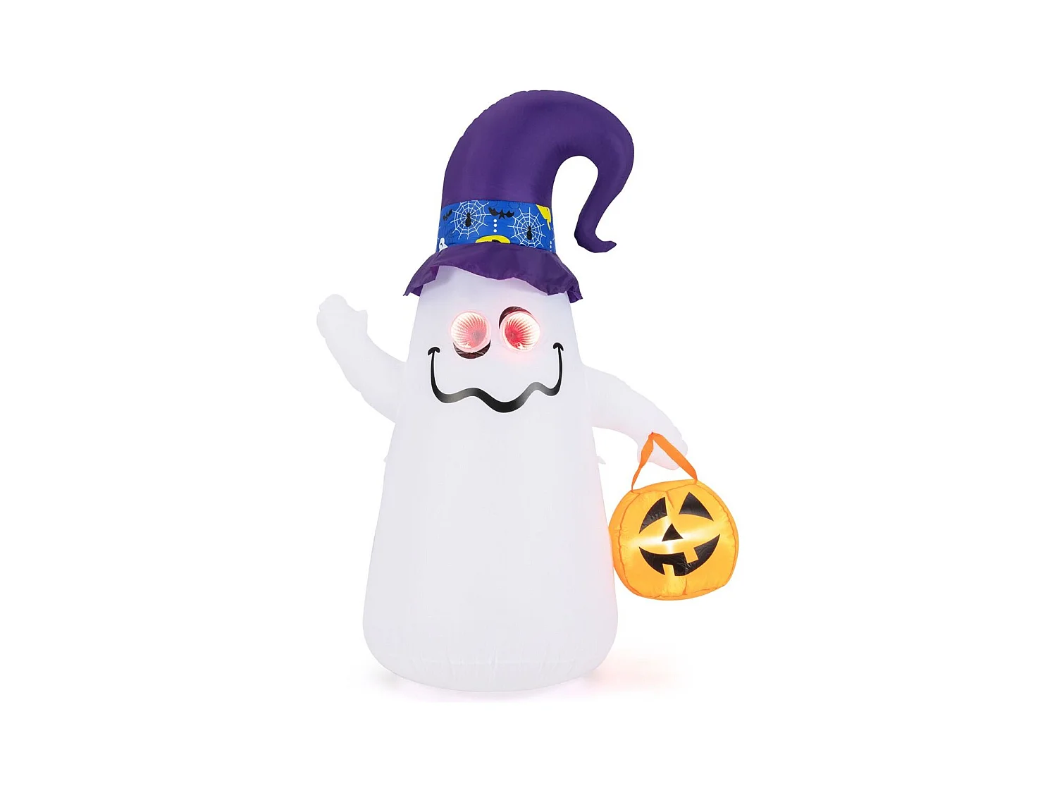 Décoration d'Halloween Gonflable 180cm Fantôme Mignon avec Lanterne Citrouille Chapeau de Sorcier 5 Lumières LED à Intensité Variable Blanc