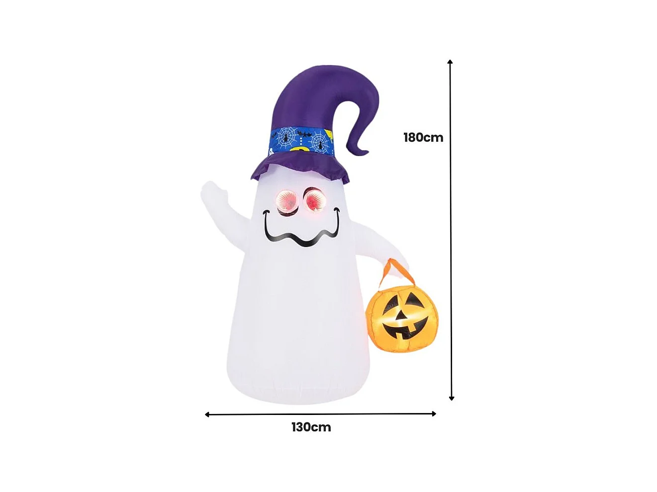 Décoration d'Halloween Gonflable 180cm Fantôme Mignon avec Lanterne Citrouille Chapeau de Sorcier 5 Lumières LED à Intensité Variable Blanc