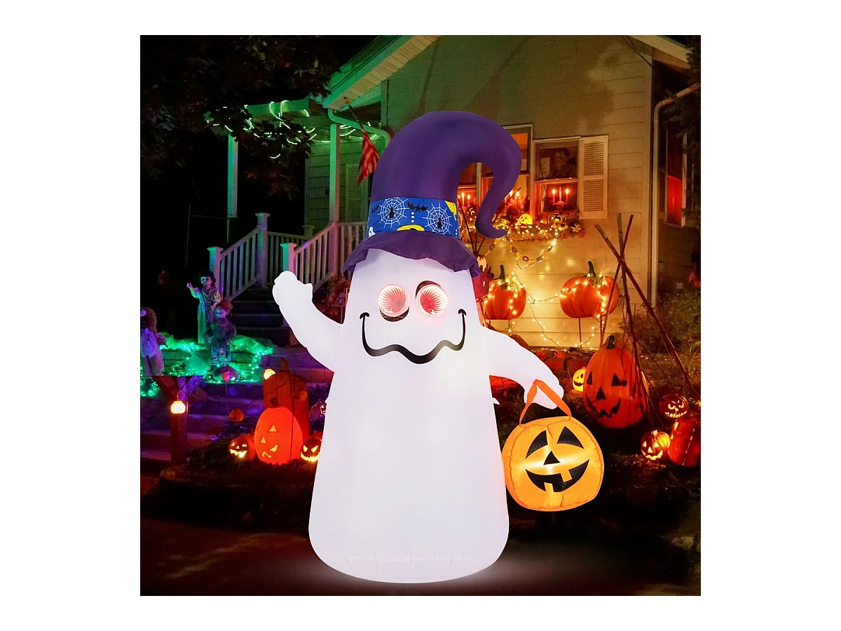 Décoration d'Halloween Gonflable 180cm Fantôme Mignon avec Lanterne Citrouille Chapeau de Sorcier 5 Lumières LED à Intensité Variable Blanc