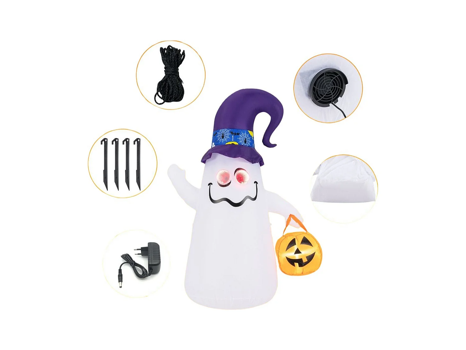 Décoration d'Halloween Gonflable 180cm Fantôme Mignon avec Lanterne Citrouille Chapeau de Sorcier 5 Lumières LED à Intensité Variable Blanc