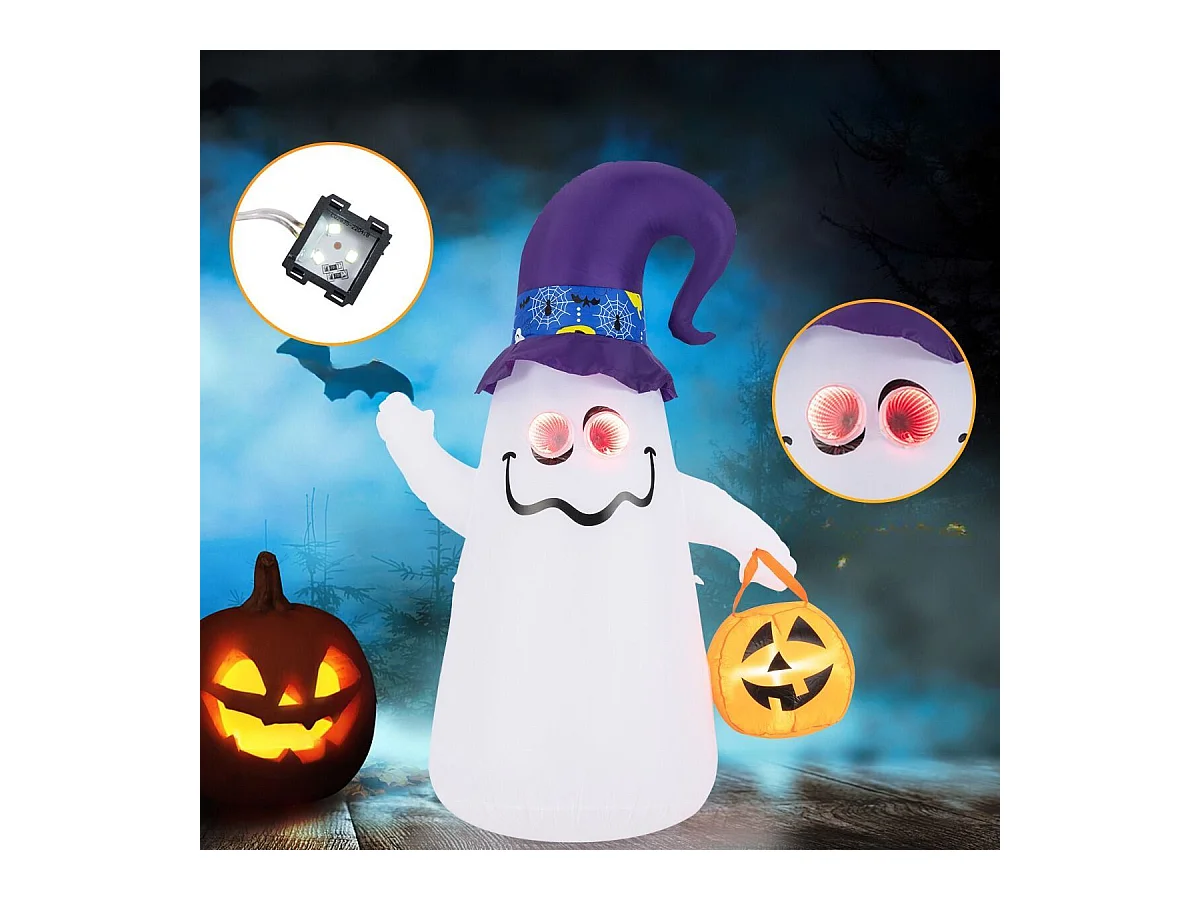 Décoration d'Halloween Gonflable 180cm Fantôme Mignon avec Lanterne Citrouille Chapeau de Sorcier 5 Lumières LED à Intensité Variable Blanc