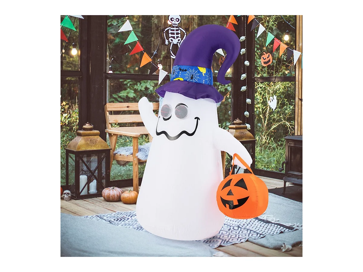 Décoration d'Halloween Gonflable 180cm Fantôme Mignon avec Lanterne Citrouille Chapeau de Sorcier 5 Lumières LED à Intensité Variable Blanc