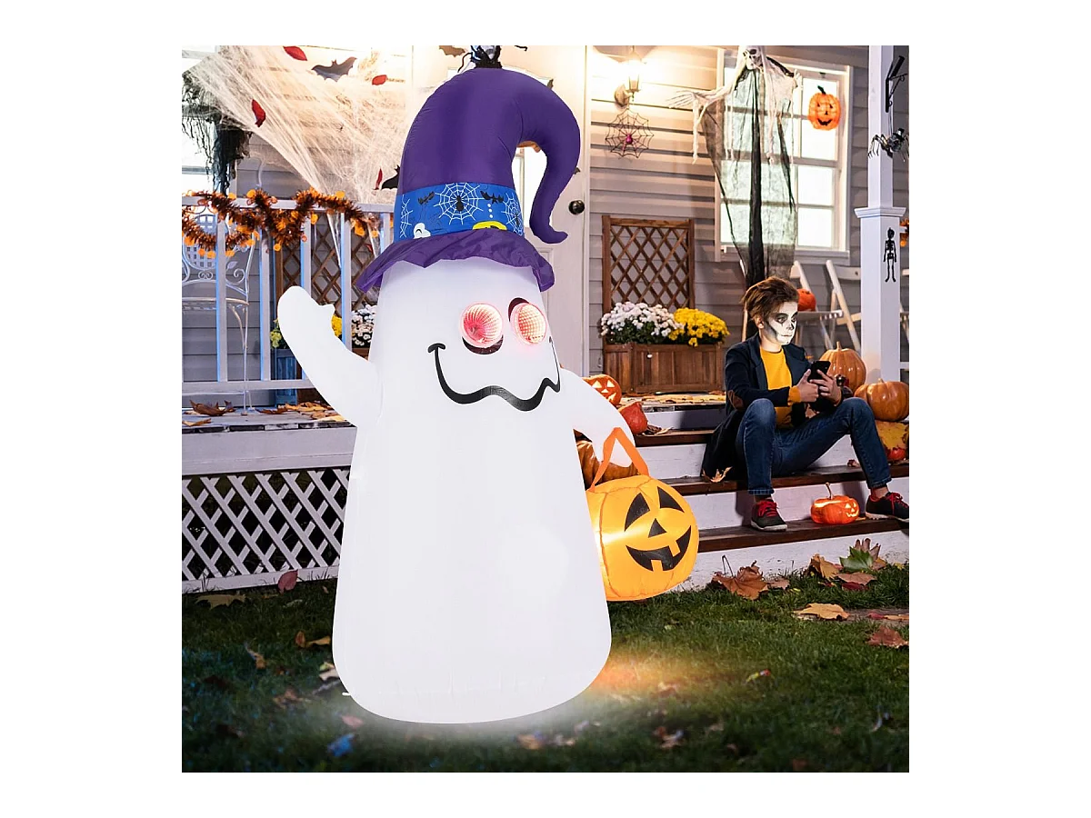 Décoration d'Halloween Gonflable 180cm Fantôme Mignon avec Lanterne Citrouille Chapeau de Sorcier 5 Lumières LED à Intensité Variable Blanc
