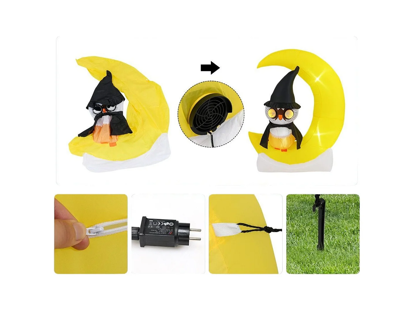 Gufo inflabile su luna da 130x155cm con led grande luna e gufo mago, Decorazione di halloween illuminata