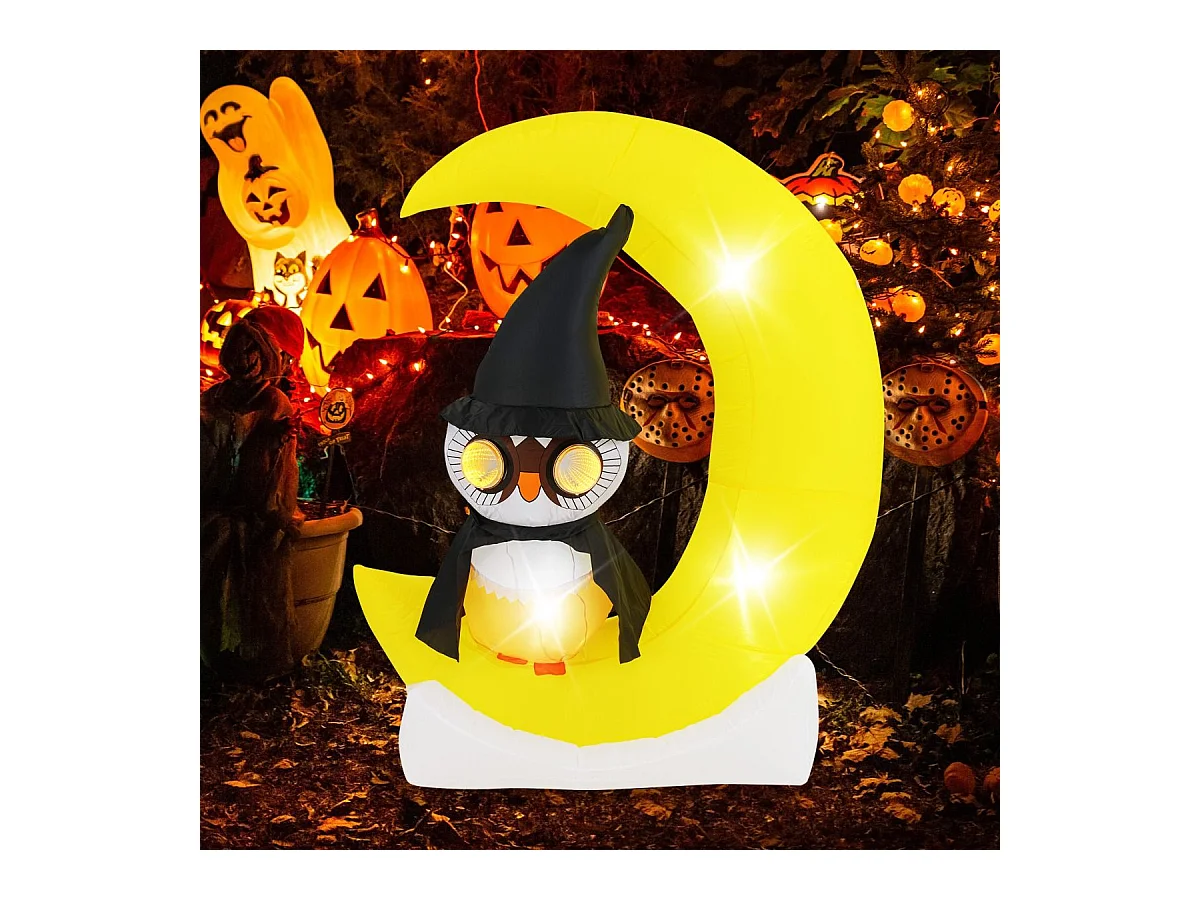 Gufo inflabile su luna da 130x155cm con led grande luna e gufo mago, Decorazione di halloween illuminata