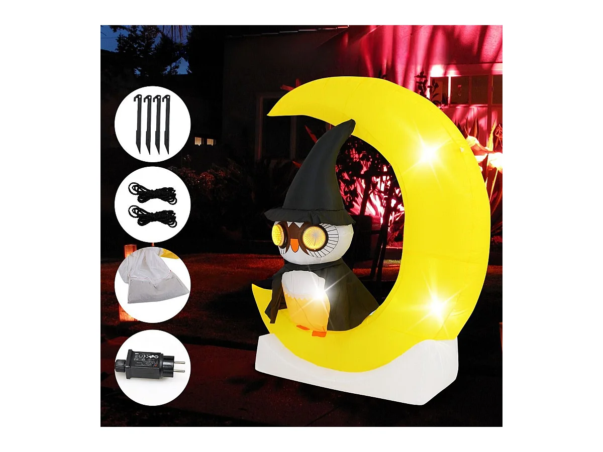 Gufo inflabile su luna da 130x155cm con led grande luna e gufo mago, Decorazione di halloween illuminata