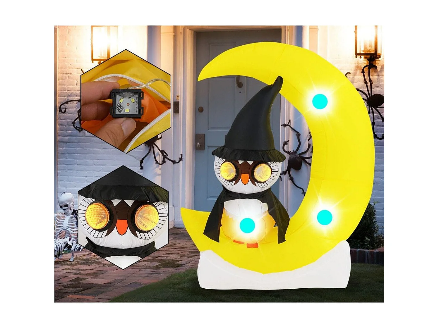 Gufo inflabile su luna da 130x155cm con led grande luna e gufo mago, Decorazione di halloween illuminata
