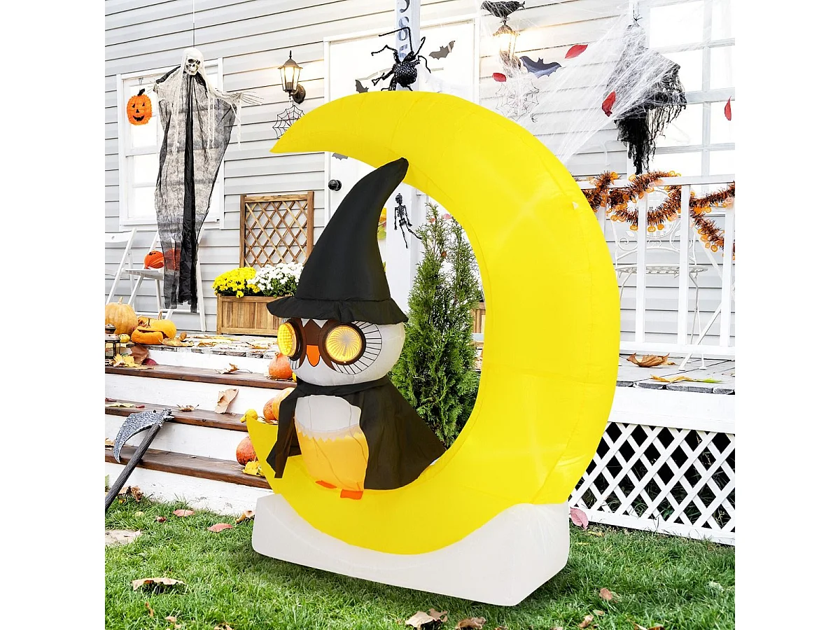 Gufo inflabile su luna da 130x155cm con led grande luna e gufo mago, Decorazione di halloween illuminata