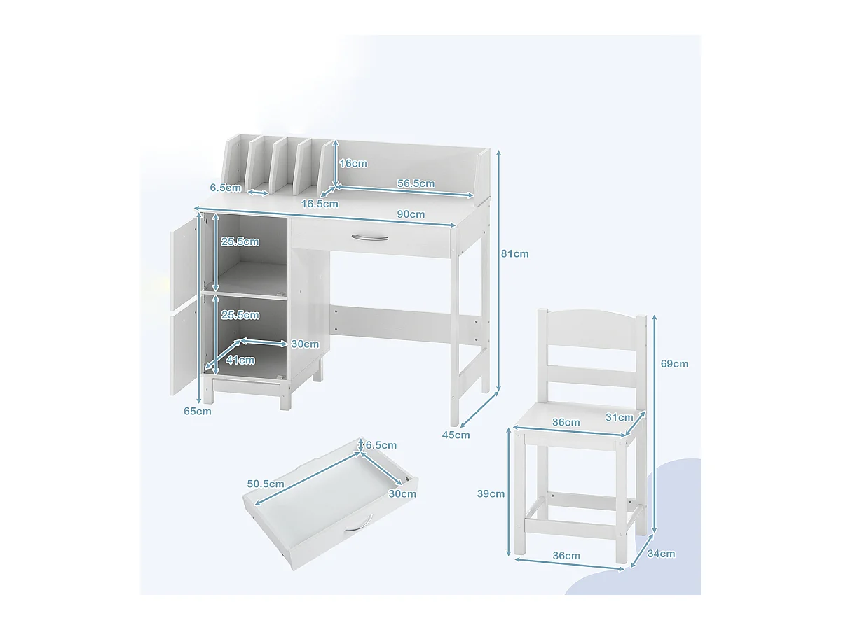 Kinderschreibtisch mit Stuhl Holz-Studenten Computerarbeitsplatz mit Buchteilern Weiß