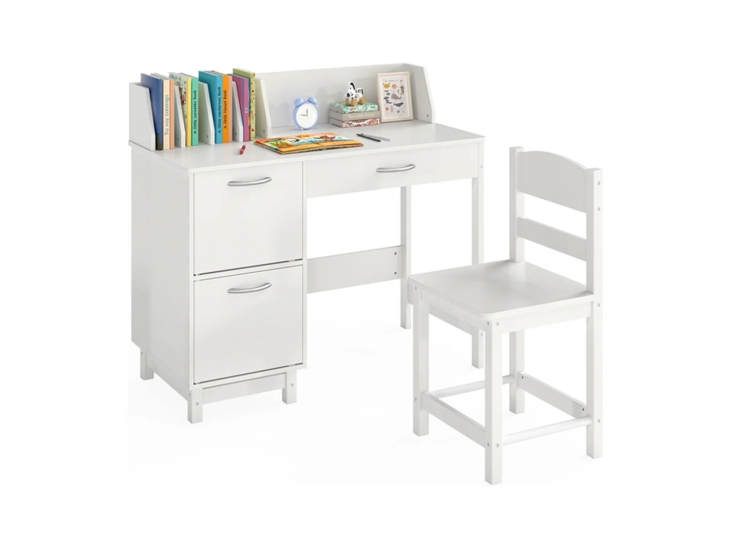 Kinderschreibtisch mit Stuhl Holz-Studenten Computerarbeitsplatz mit Buchteilern Weiß