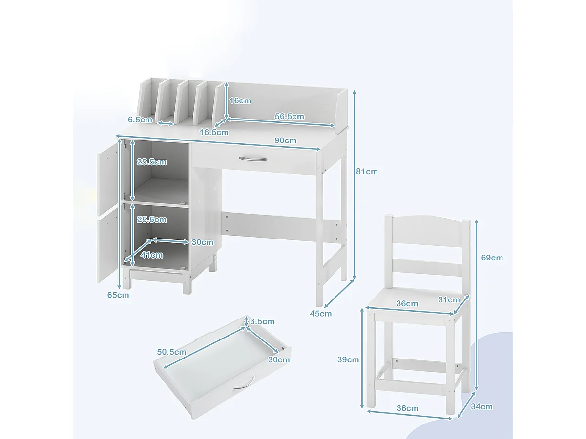 Bureau pour enfants avec chaise en bois Poste de travail informatique pour étudiants avec séparateurs de livres blancs