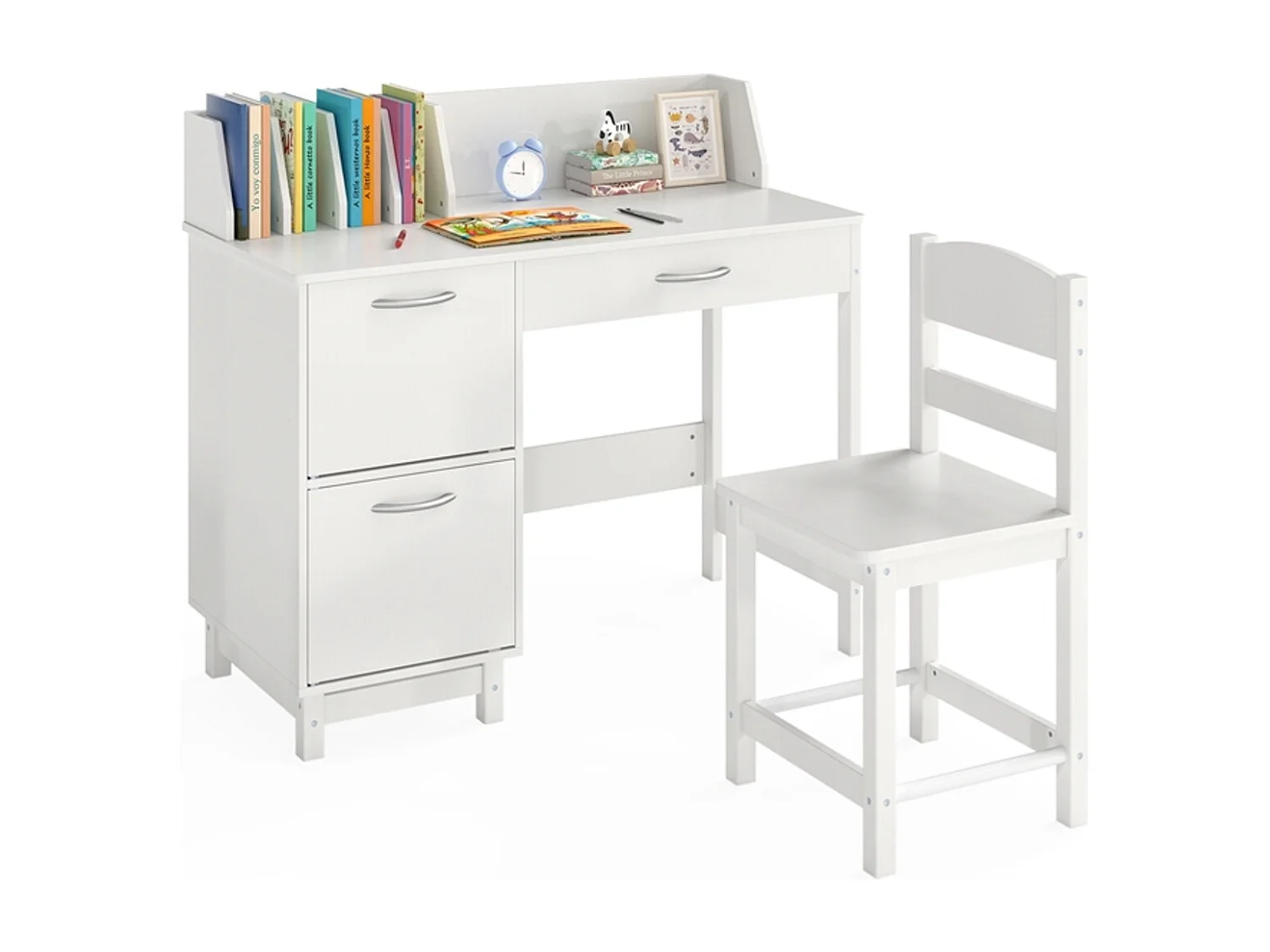 Bureau pour enfants avec chaise en bois Poste de travail informatique pour étudiants avec séparateurs de livres blancs