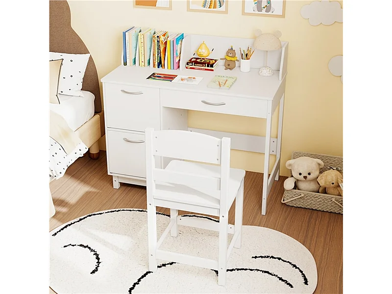 Scrivania per bambini con sedia Postazione computer per studenti in legno con divisori per libri Bianco