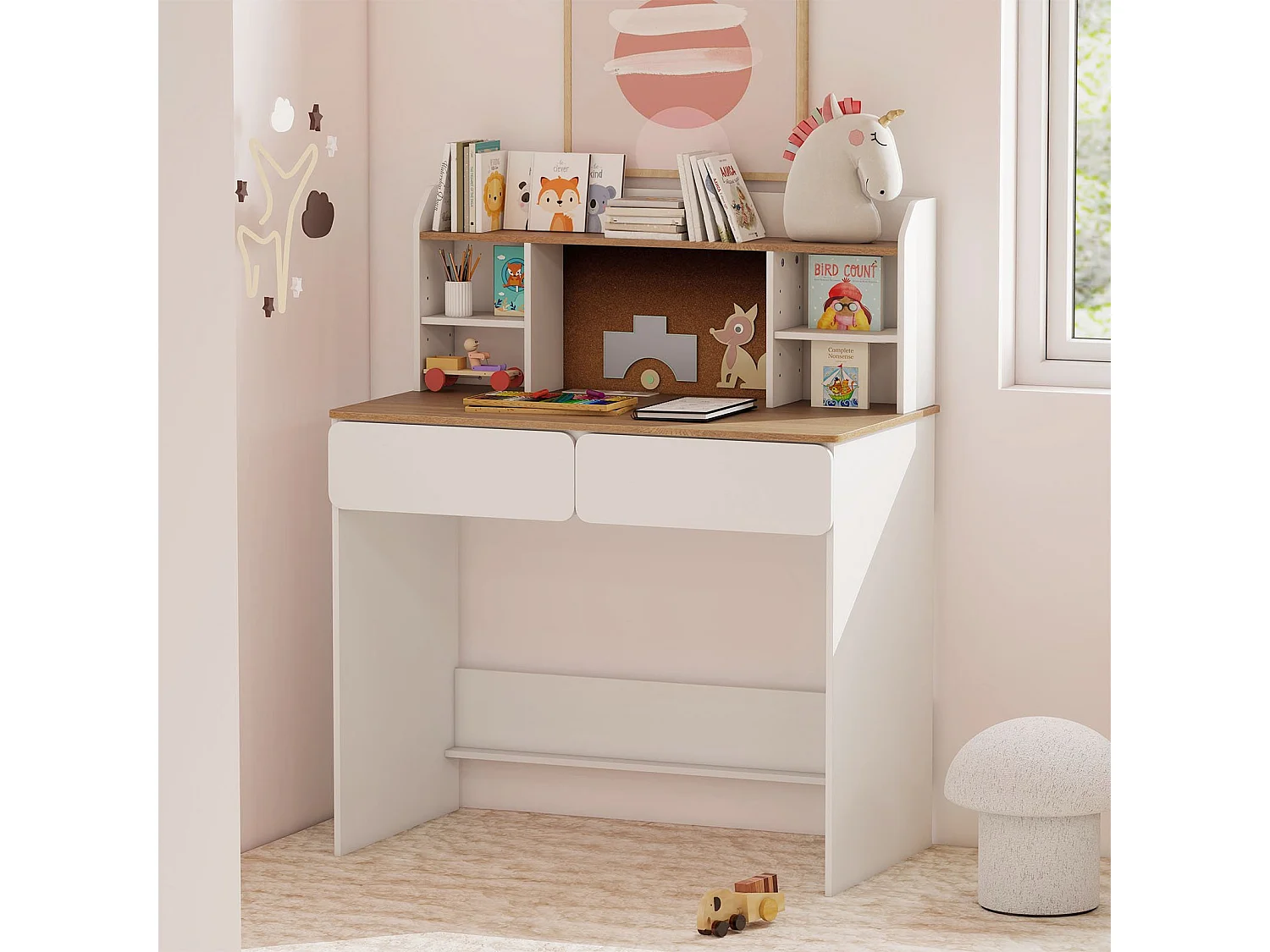 Bureau pour enfants bureau en bois stable avec tableau d'affichage en liège station de chargement bureau spacieux blanc