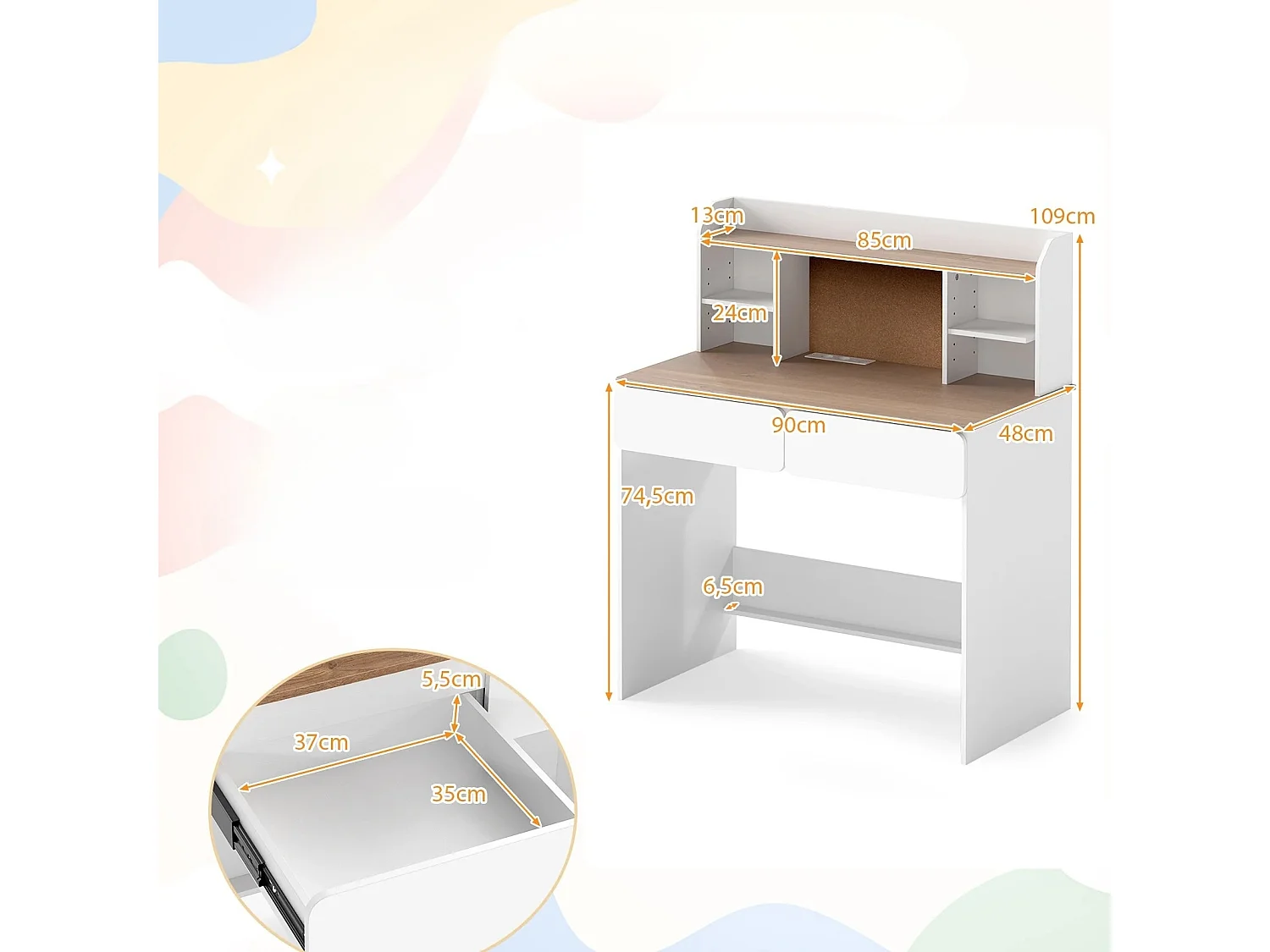 Bureau pour enfants bureau en bois stable avec tableau d'affichage en liège station de chargement bureau spacieux blanc