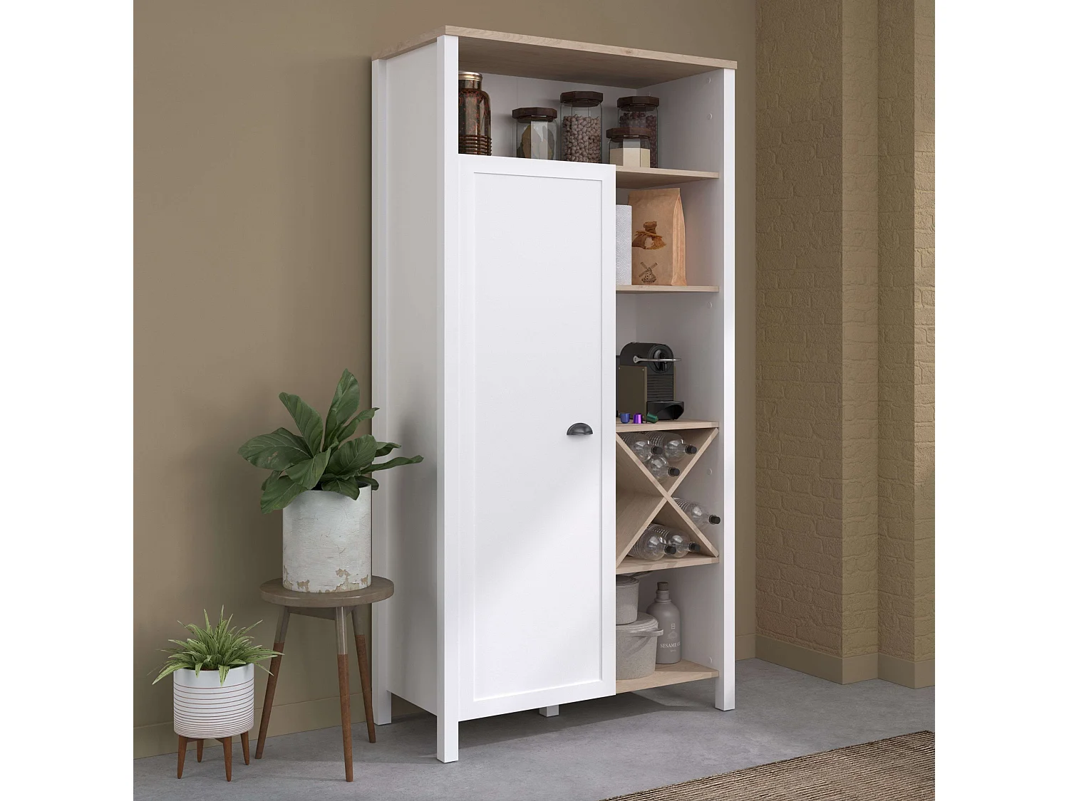 Buffet Cocina Coper Botellero 1 Puerta 9 Estantes Blanco/Roble 95x185 cm