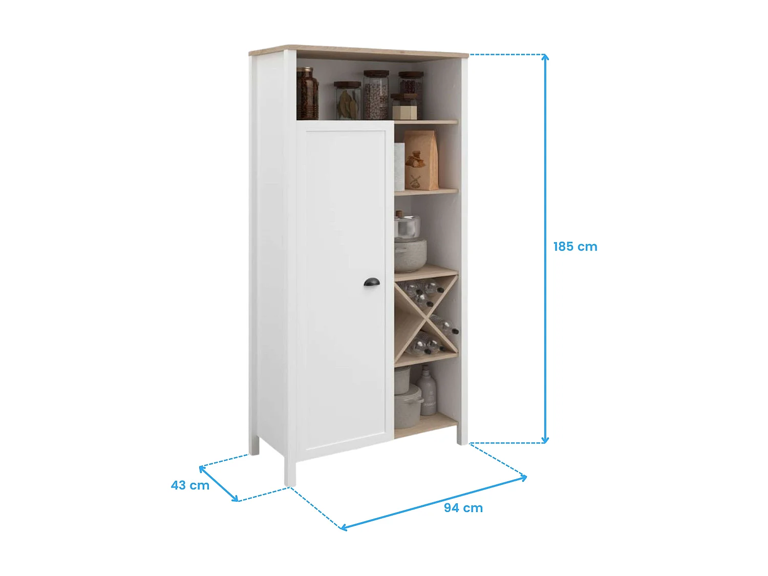Buffet Cocina Coper Botellero 1 Puerta 9 Estantes Blanco/Roble 95x185 cm