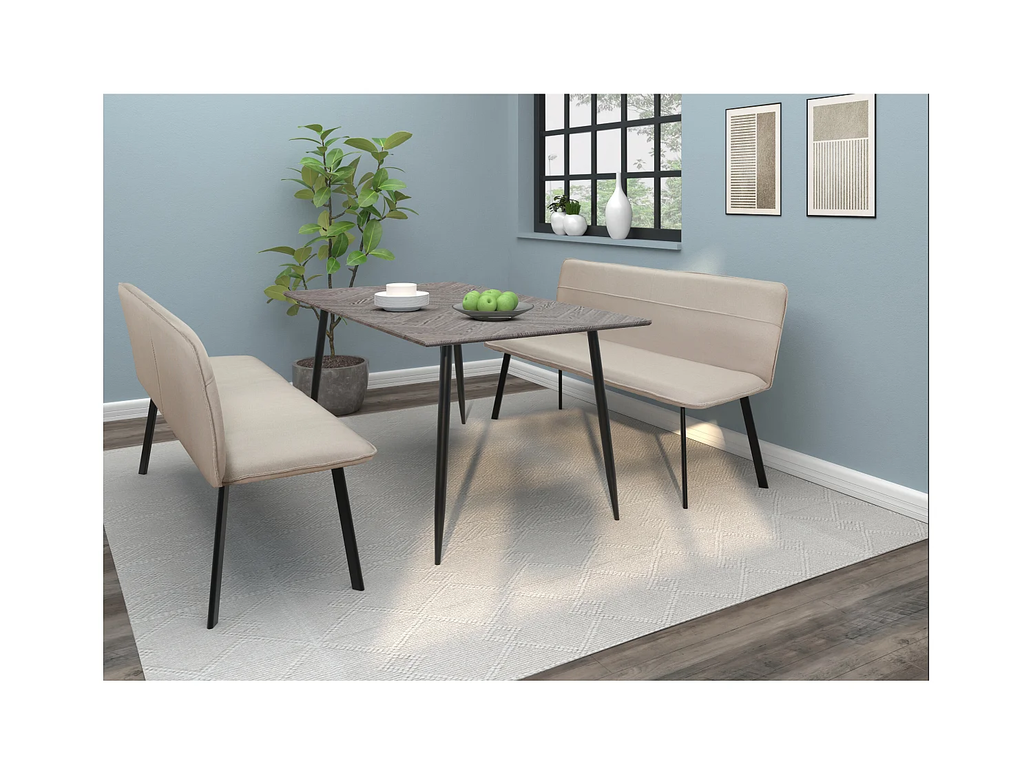 Taylor-Eetbank in crèmekleurige stof met zwarte metalen poten