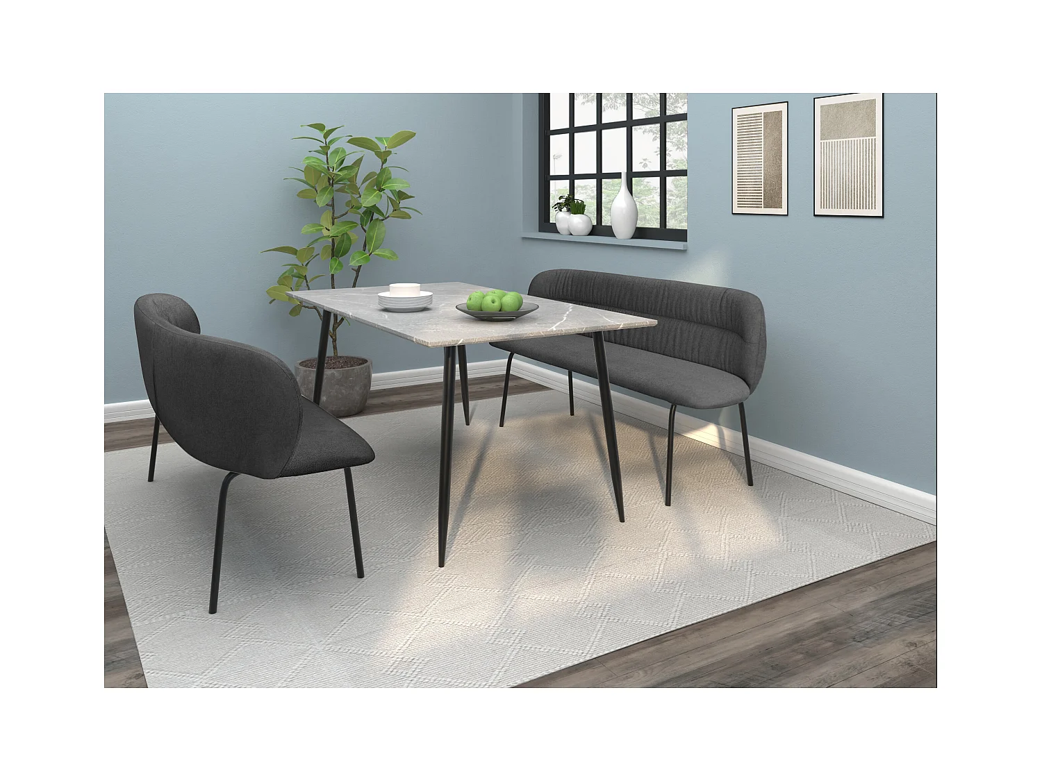 Casey | Panca da pranzo in tessuto antracite con gambe in metallo nero