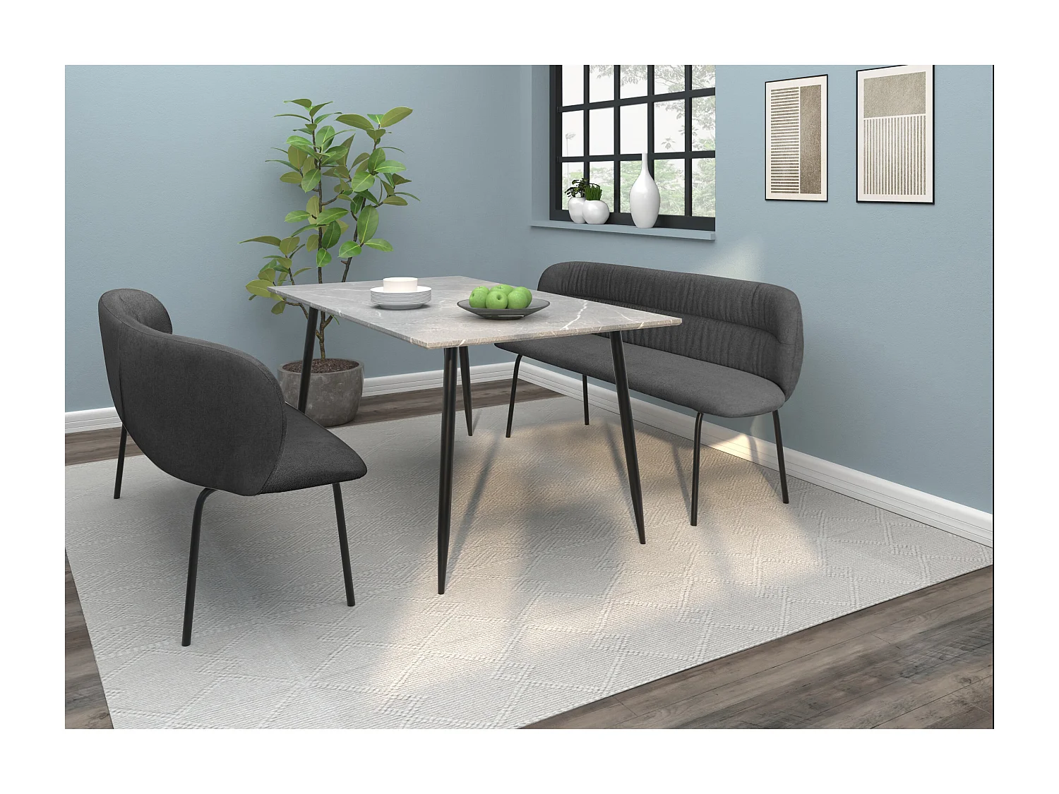 Casey-Eetbank in antracietkleurige stof met zwarte metalen poten