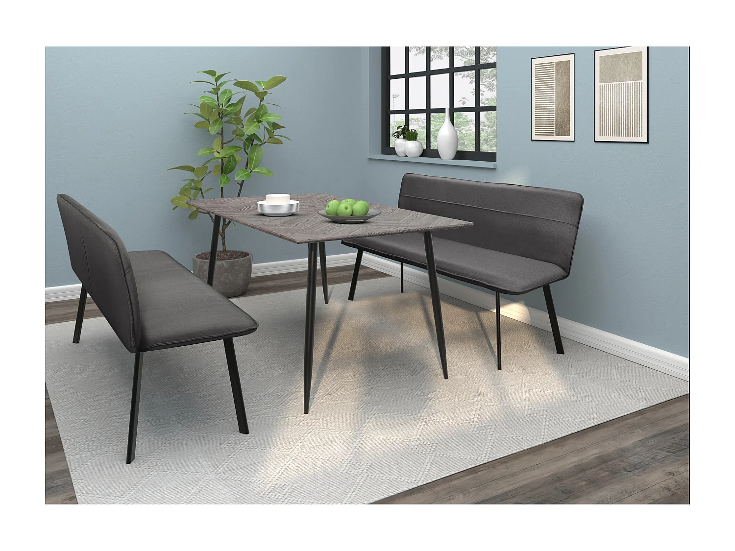 Taylor-Eetbank in antracietkleurige stof met zwarte metalen poten
