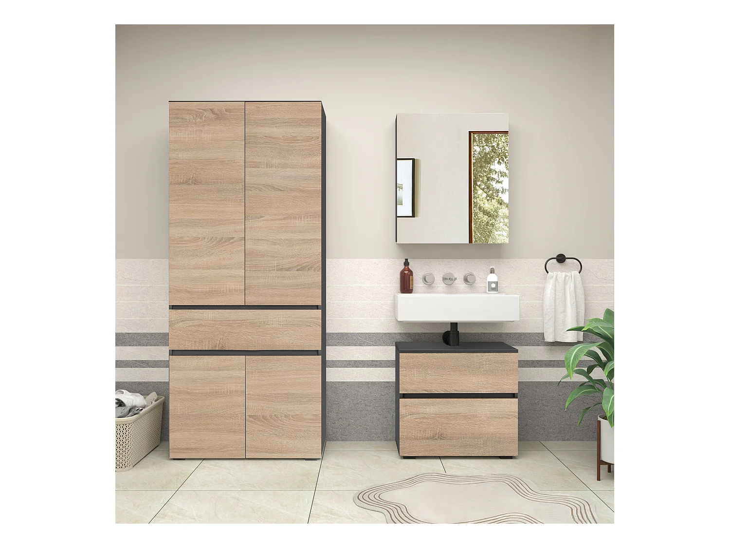 Wisla  | Set de salle de bain avec 2 meubles en chêne aspect anthracite