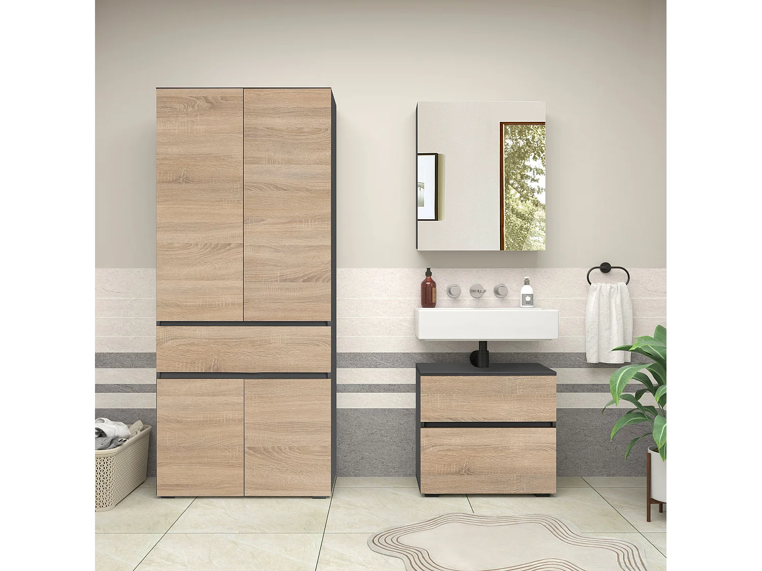 Wisla  | Set de salle de bain avec 2 meubles en chêne aspect anthracite