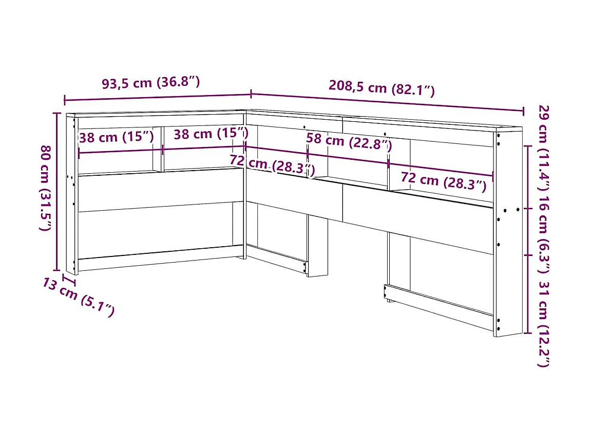 Tête de lit de bibliothèque en forme de L bois massif de pin