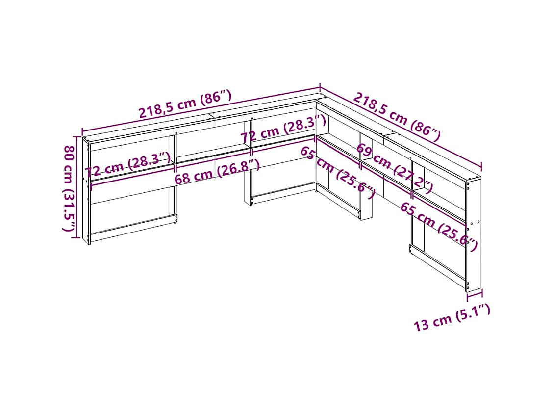 Cabecero librería en forma de L madera maciza de pino 200 cm