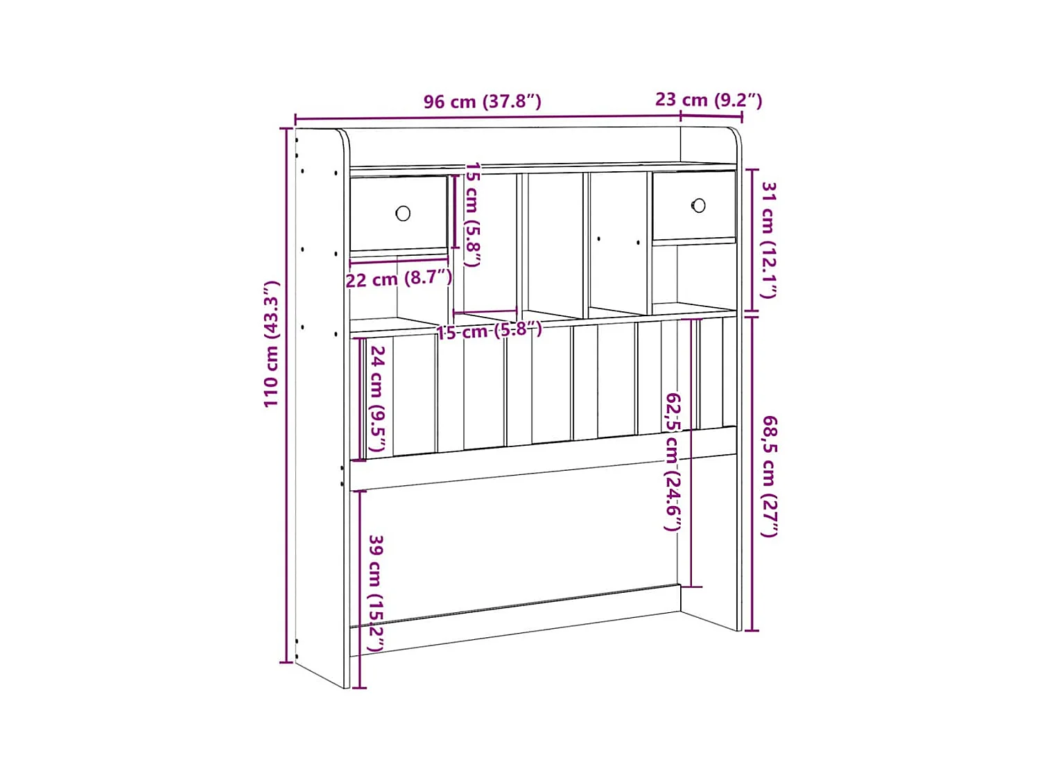 Cabecero de cama con almacenaje madera maciza de pino 90 cm