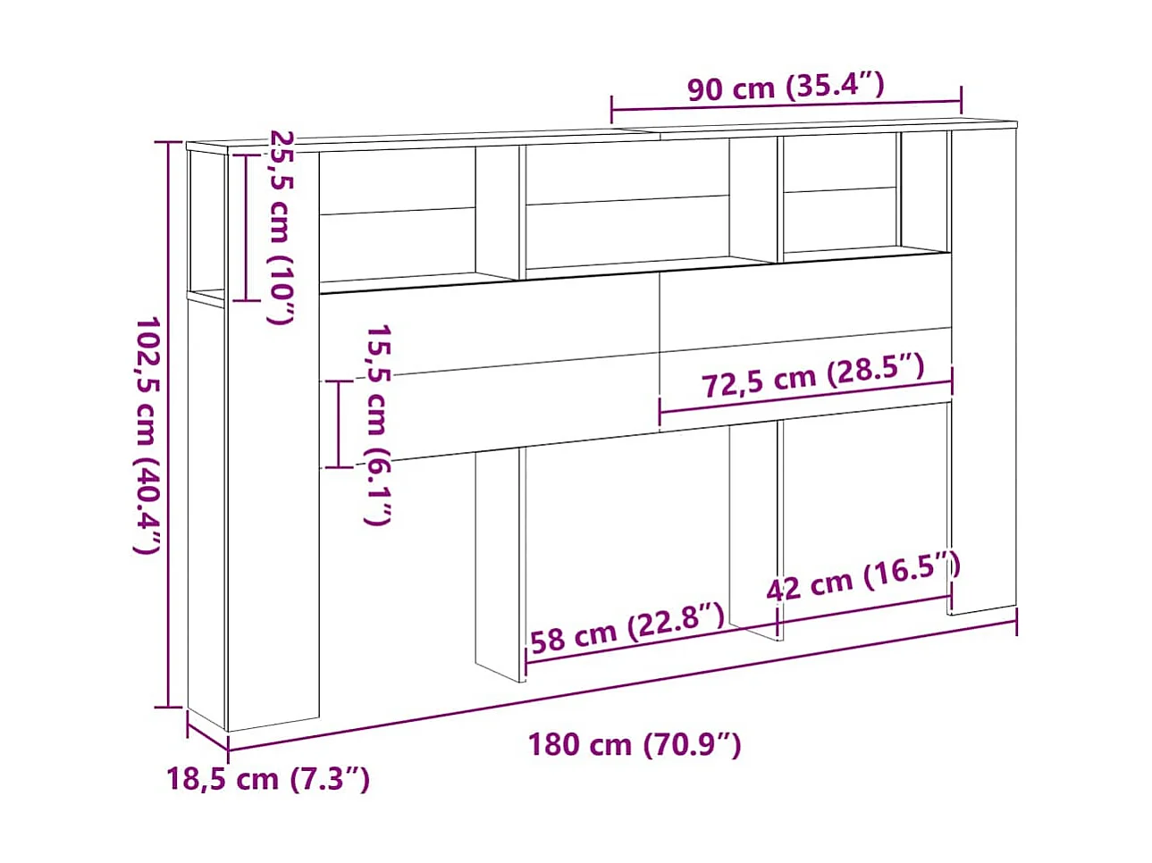 Hoofdeinde Kast Zwart eiken 180 x 18.5 x 102.5 cm Bewerkt hout