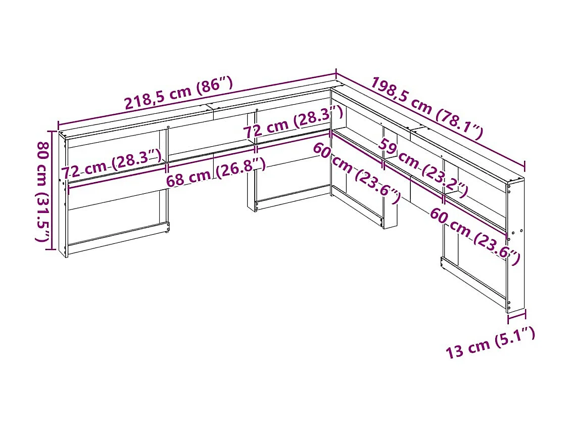 Tête de lit de bibliothèque en forme de L bois massif de pin