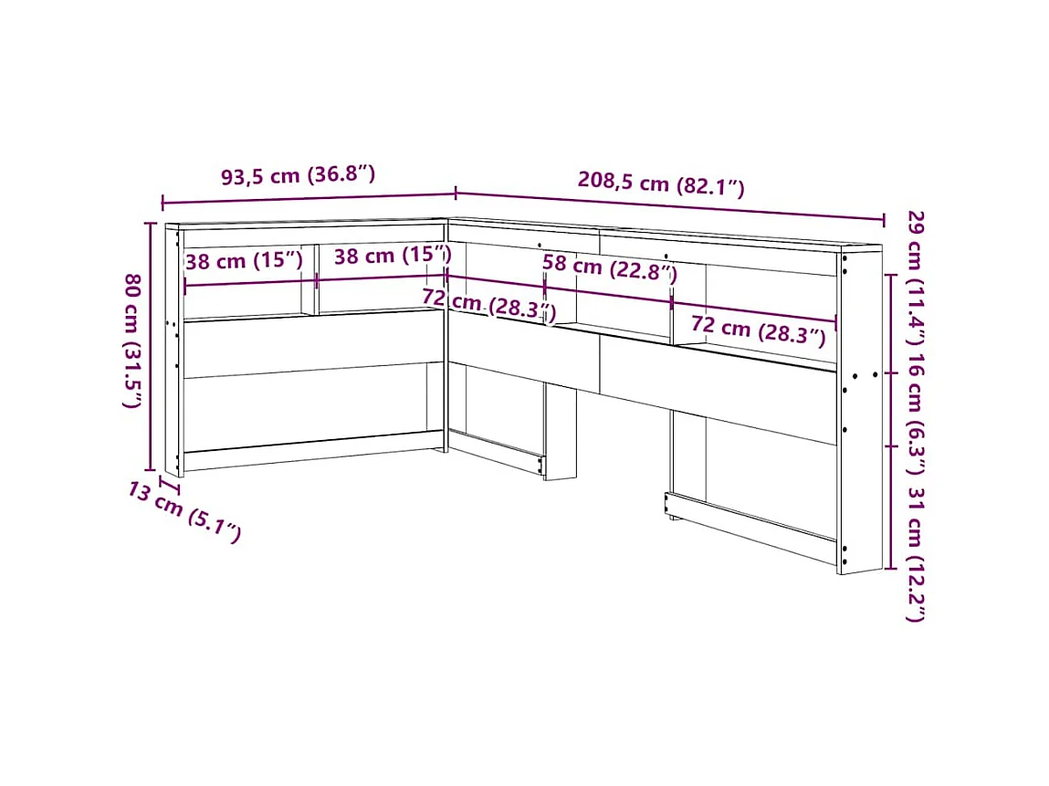 Boekenkast Hoofdeinde L-vormig 75 cm massief grenenhout wit