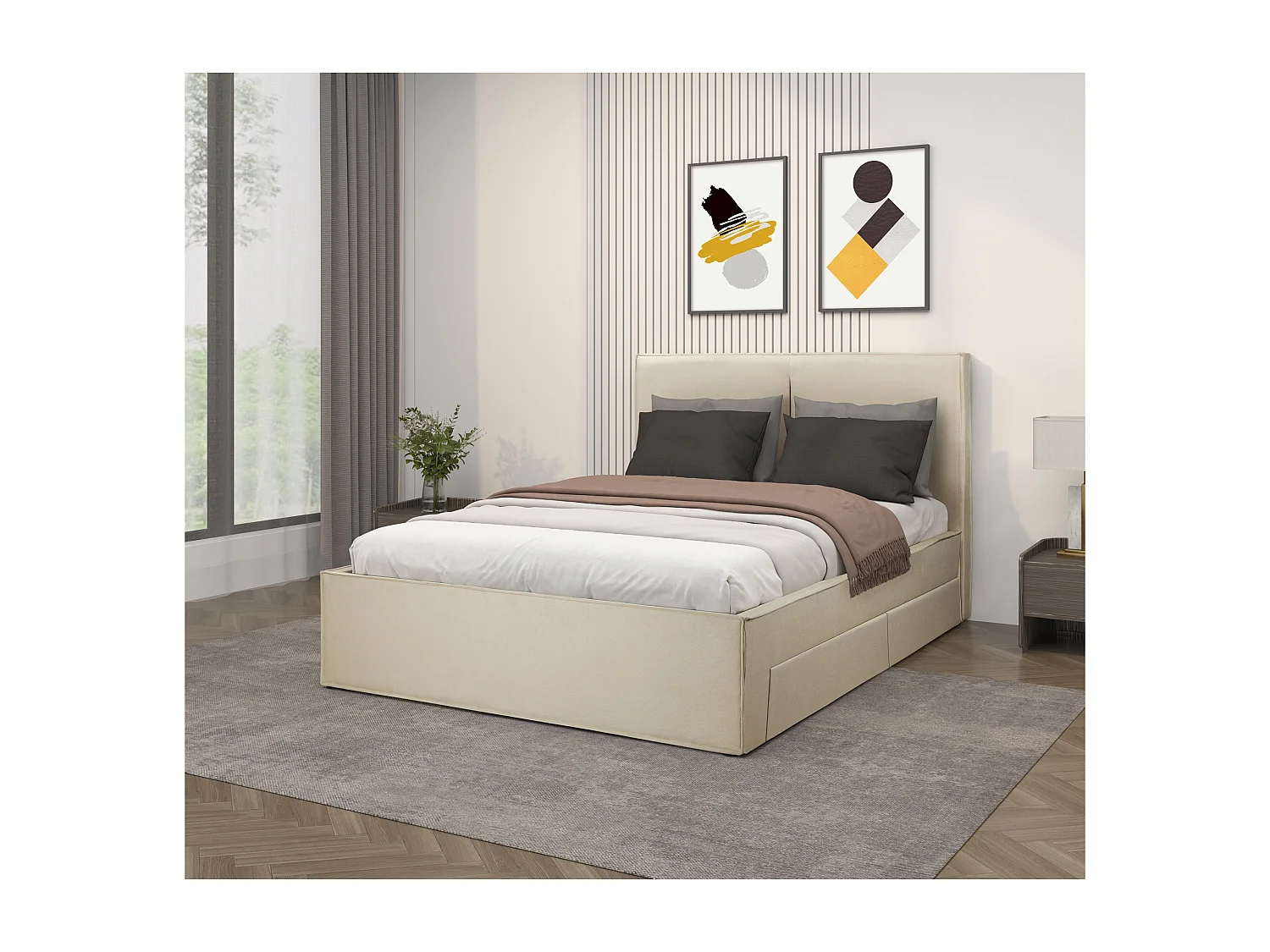 Avignon | Lit 140x200 cm avec 4 tiroirs en lin beige