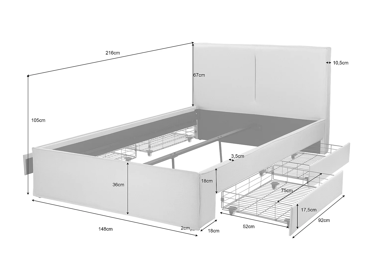 Avignon | Lit 140x200 cm avec 4 tiroirs en lin beige