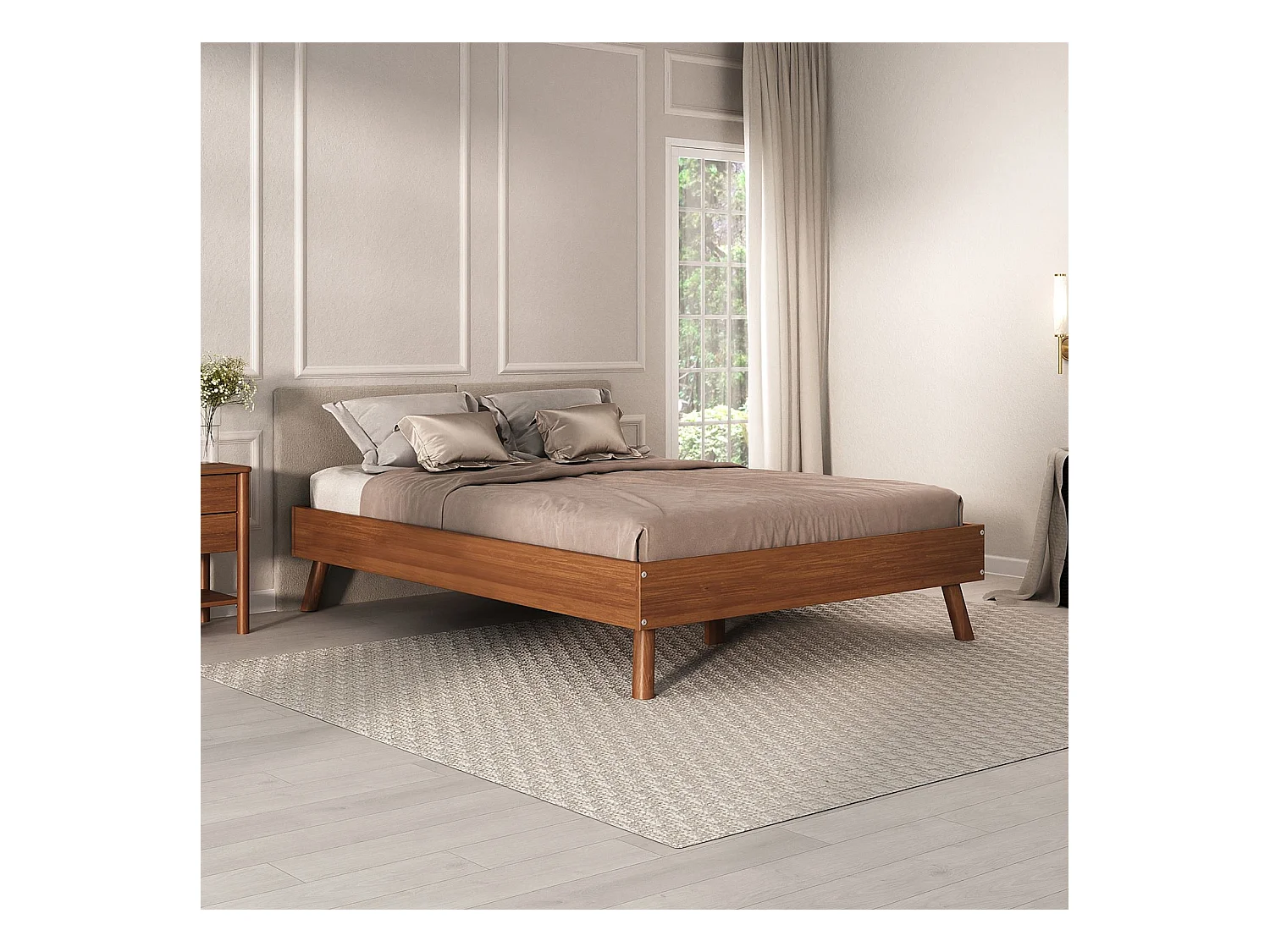 Lit futon KARRI double pour adulte 140 x 190 cm, 2 places, en bois massif, coloris châtaignier