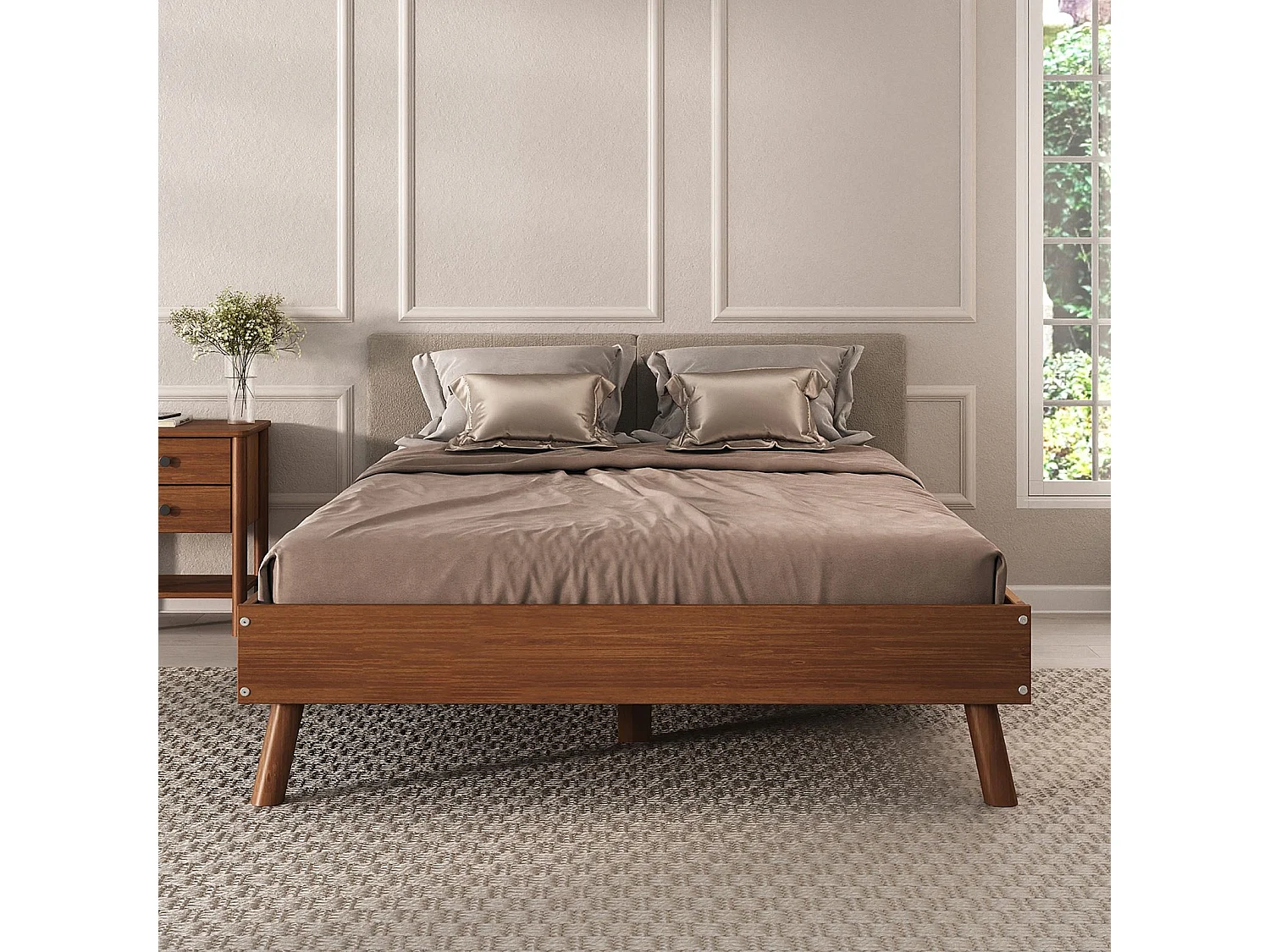 Lit futon KARRI double pour adulte 140 x 190 cm, 2 places, en bois massif, coloris châtaignier